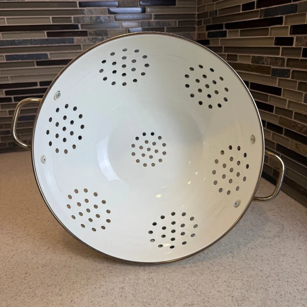 Vintage Enamel Fruit Colander White‎ Pedestal Strainer Brass Handles Cottagecore